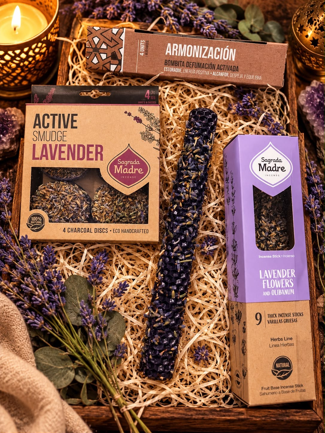 Pack Ritual Calma y Armonización - bombita de armonización, sahumerio activo de lavanda, incienso de flores de lavanda y olíbano y vela artesanal Luna de Cera