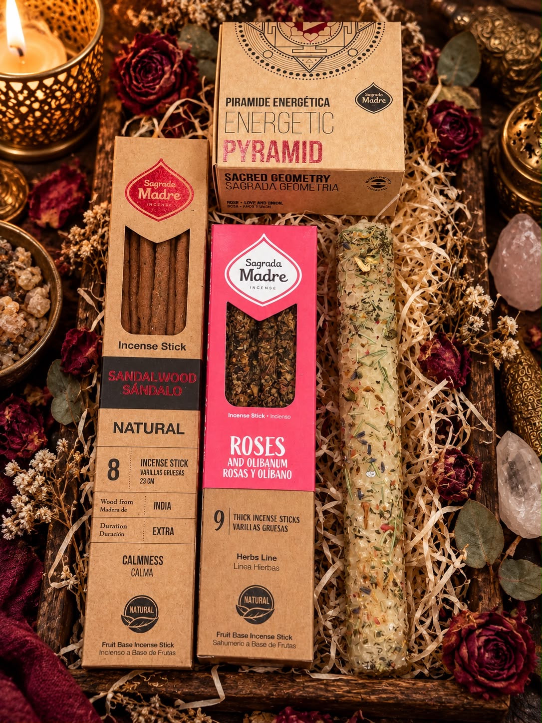 Pack Ritual Amor y Calma - incienso de sándalo, incienso de rosas y olíbano, pirámide energética y vela artesanal Luna de Cera