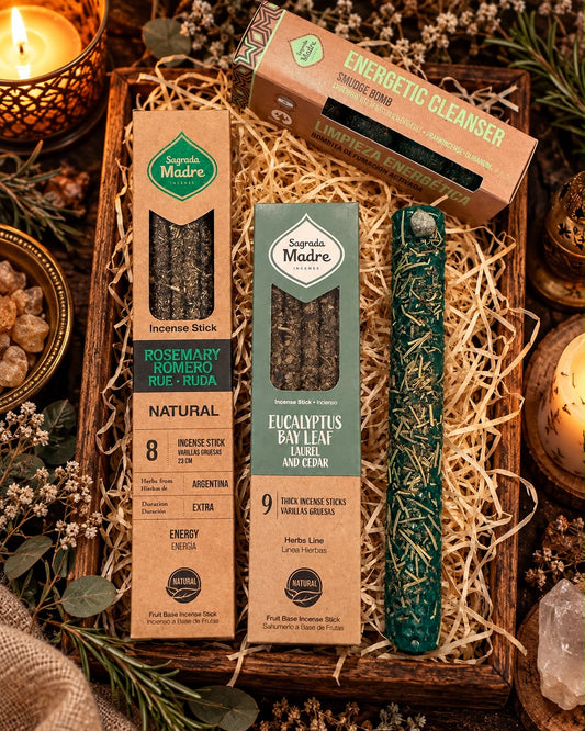 Pack Purificación Energética - bombita de limpieza energética, incienso de romero y ruda, incienso de eucalipto laurel y cedro y vela artesanal Luna de Cera